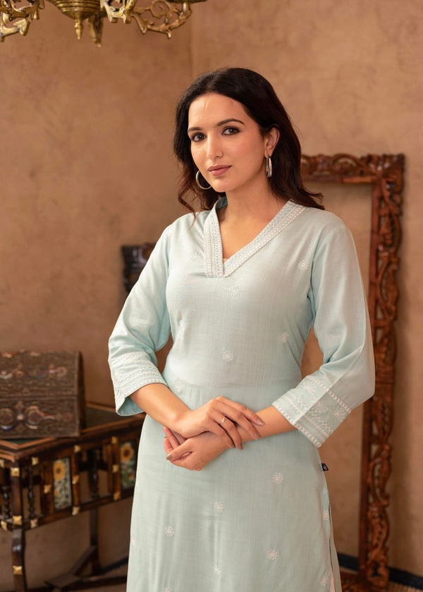 Juniper Aqua Viscose Kurta & Pant Set with Thread Work & Lace - Distacart