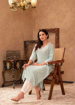 Thumbnail for Juniper Aqua Viscose Kurta & Pant Set with Thread Work & Lace - Distacart