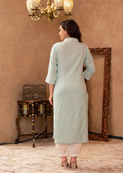 Juniper Aqua Viscose Kurta & Pant Set with Thread Work & Lace - Distacart