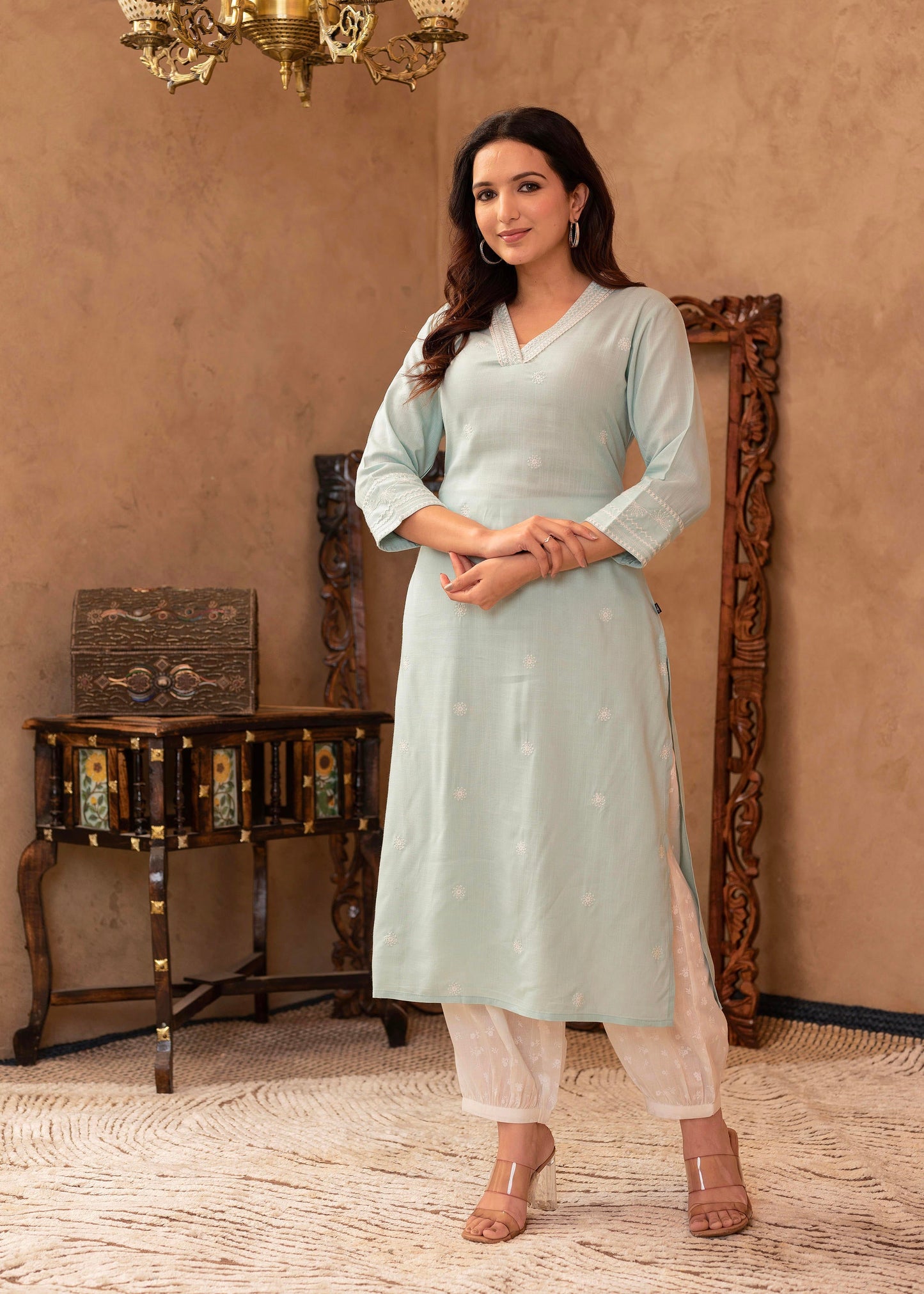 Juniper Aqua Viscose Kurta & Pant Set with Thread Work & Lace - Distacart