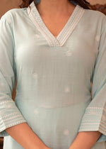 Thumbnail for Juniper Aqua Viscose Kurta & Pant Set with Thread Work & Lace - Distacart
