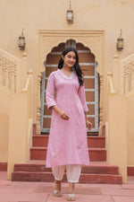 Thumbnail for Juniper Pink Embroidered Viscose Kurta With Printed Cotton Pant