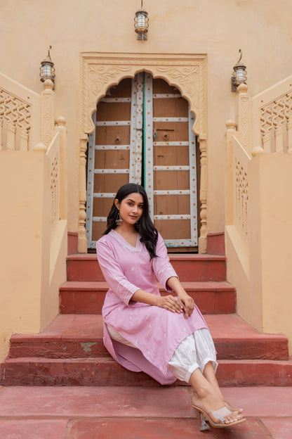 Juniper Pink Embroidered Viscose Kurta with Printed Cotton Pant - Distacart