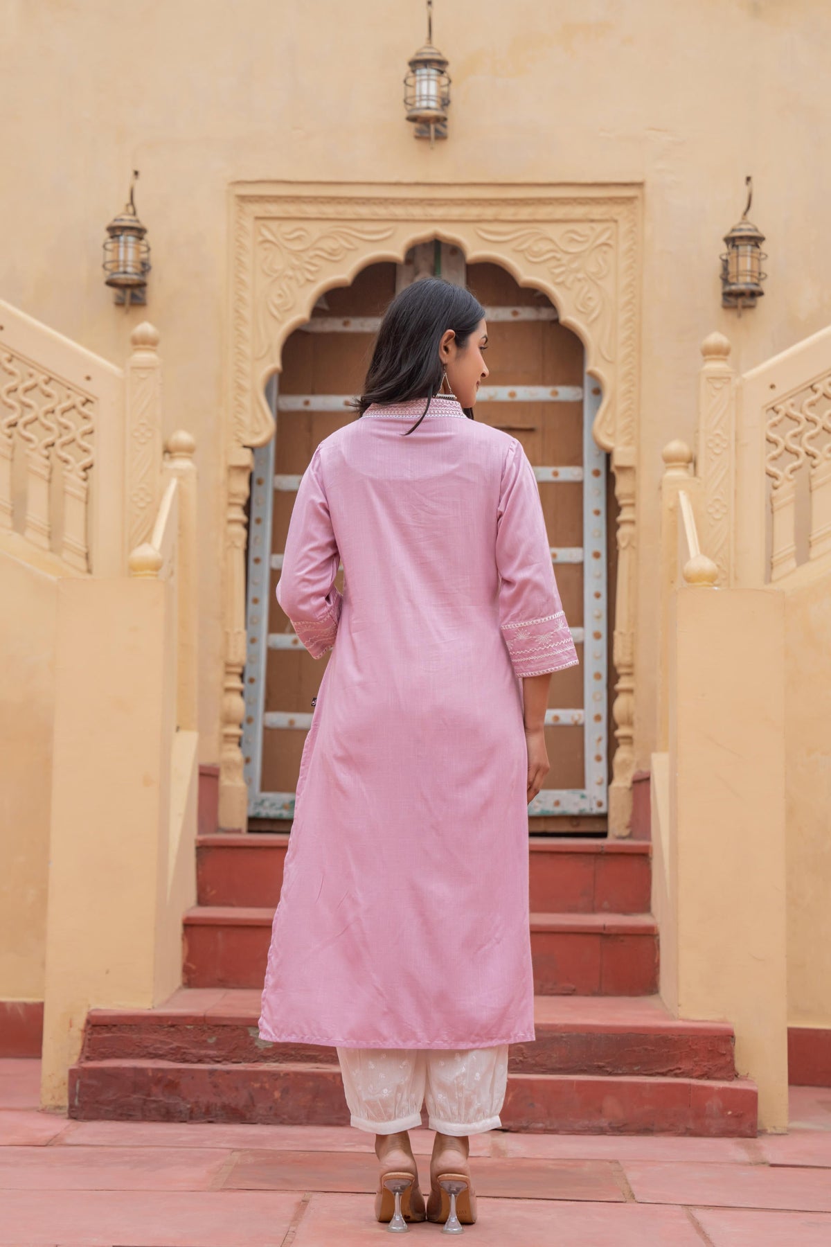 Juniper Pink Embroidered Viscose Kurta with Printed Cotton Pant - Distacart