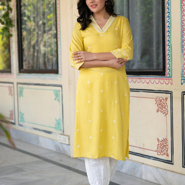 Juniper Yellow Embroidered Viscose Kurta with Printed Cotton Pant - Distacart