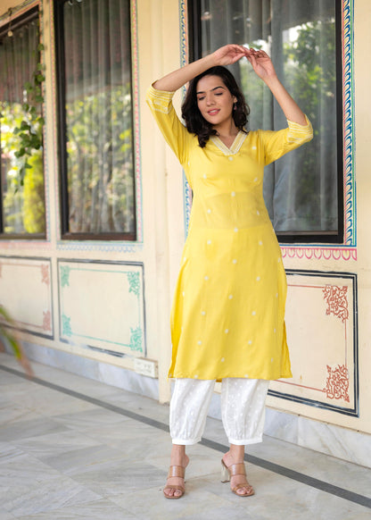 Juniper Yellow Embroidered Viscose Kurta with Printed Cotton Pant - Distacart