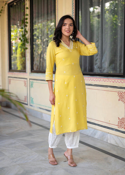 Juniper Yellow Embroidered Viscose Kurta with Printed Cotton Pant - Distacart