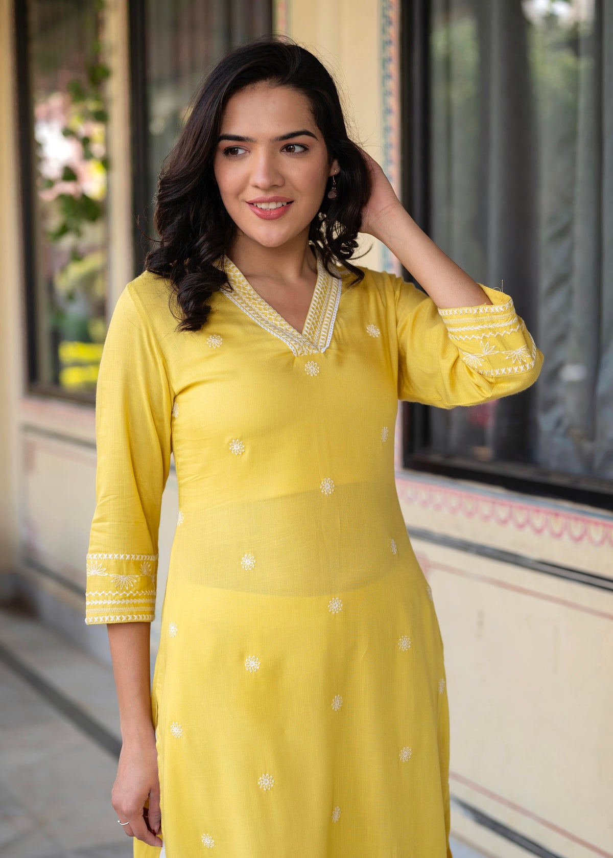 Juniper Yellow Embroidered Viscose Kurta with Printed Cotton Pant - Distacart