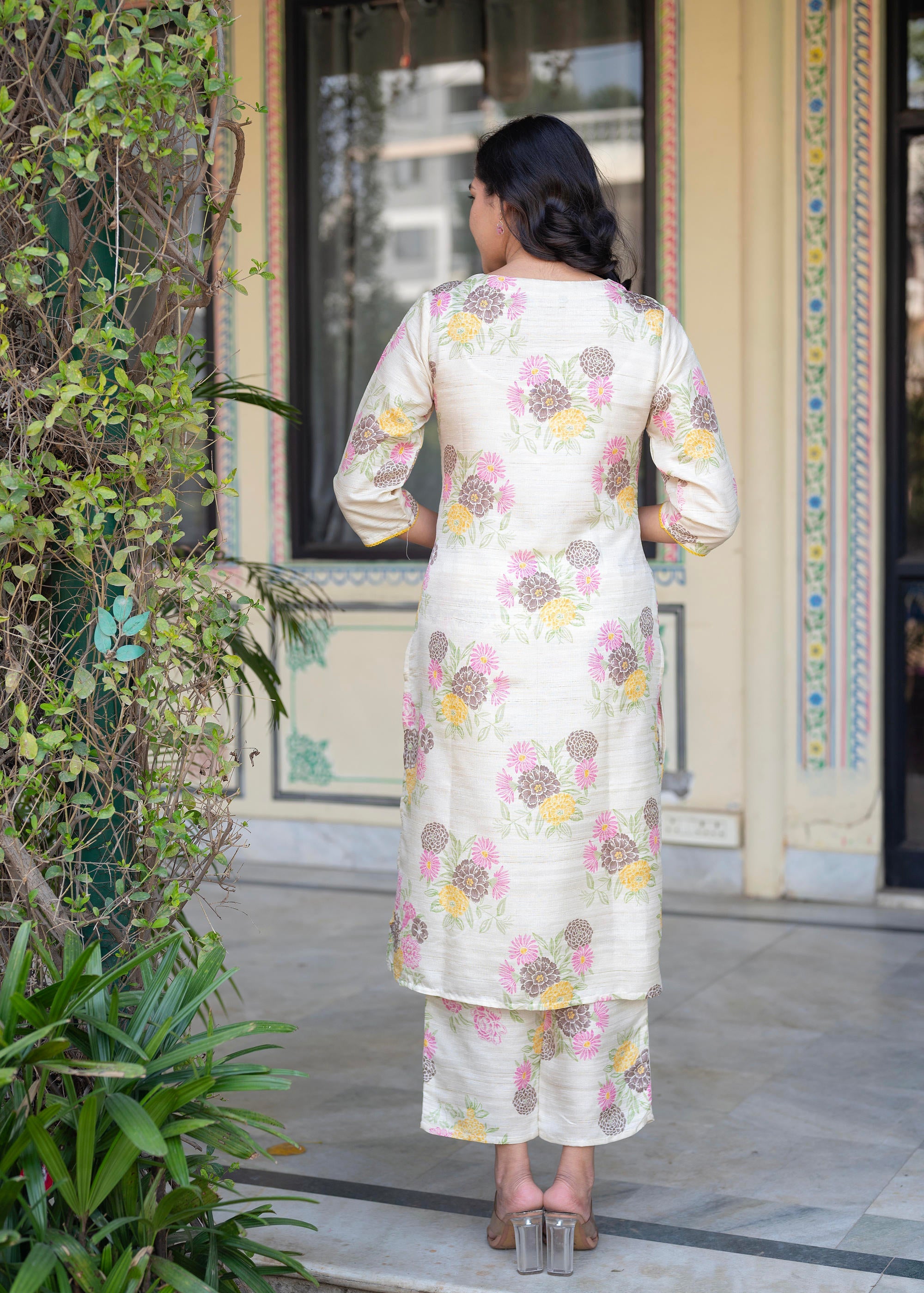 Juniper Ivory Floral Viscose Kurta with Printed Cotton Pant & Button Details - Distacart