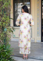 Thumbnail for Juniper Ivory Floral Viscose Kurta With Printed Cotton Pant & Button Details