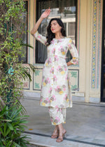 Thumbnail for Juniper Ivory Floral Viscose Kurta With Printed Cotton Pant & Button Details