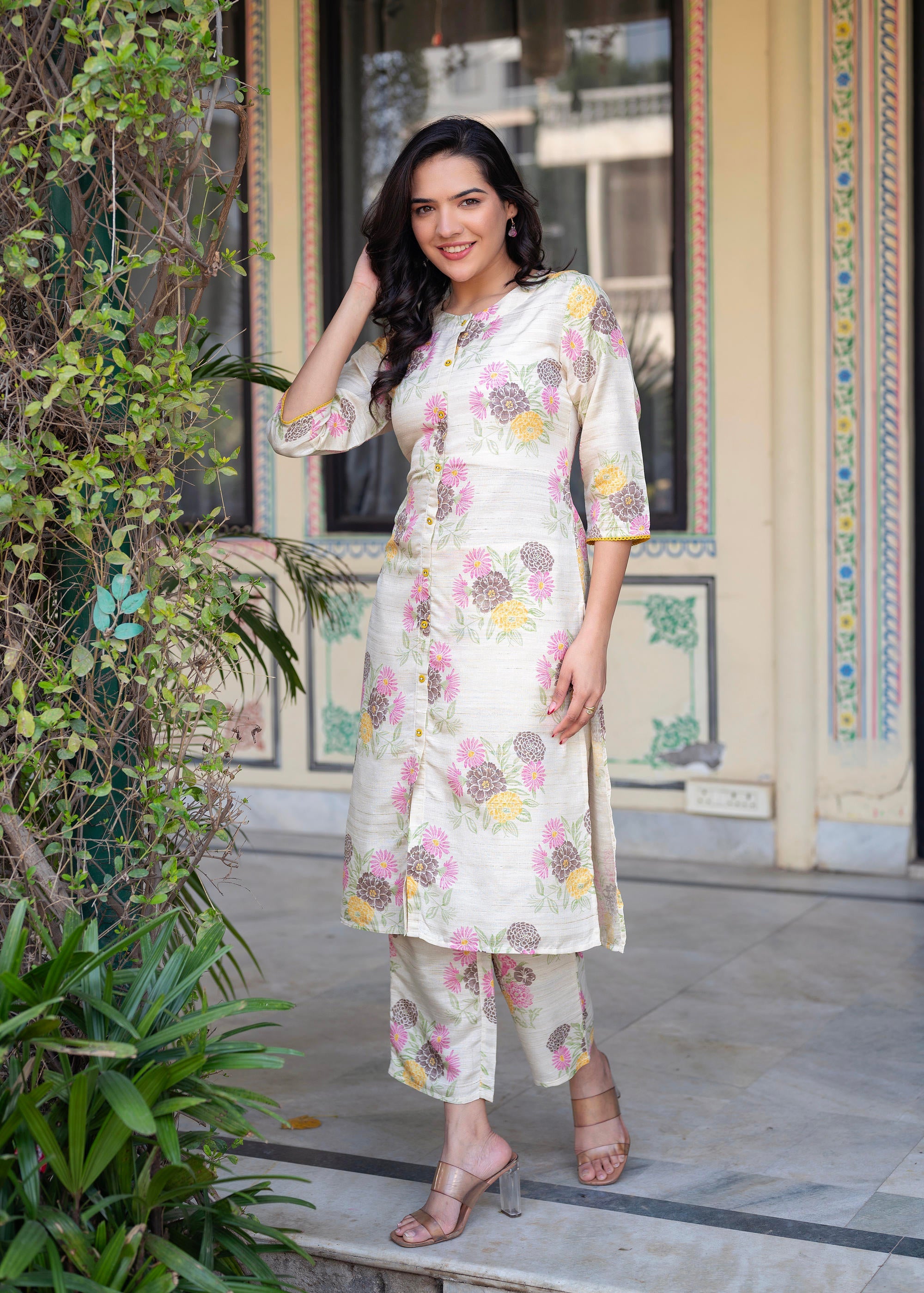 Juniper Ivory Floral Viscose Kurta with Printed Cotton Pant & Button Details - Distacart