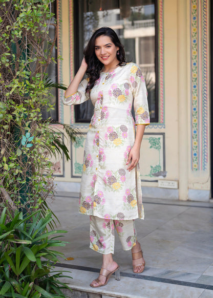 Juniper Ivory Floral Viscose Kurta with Printed Cotton Pant & Button Details - Distacart