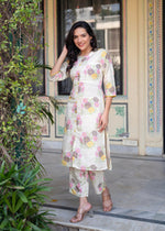 Thumbnail for Juniper Ivory Floral Viscose Kurta With Printed Cotton Pant & Button Details
