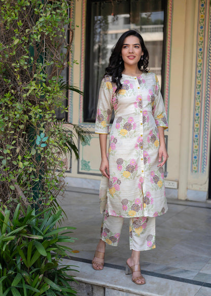 Juniper Ivory Floral Viscose Kurta with Printed Cotton Pant & Button Details - Distacart
