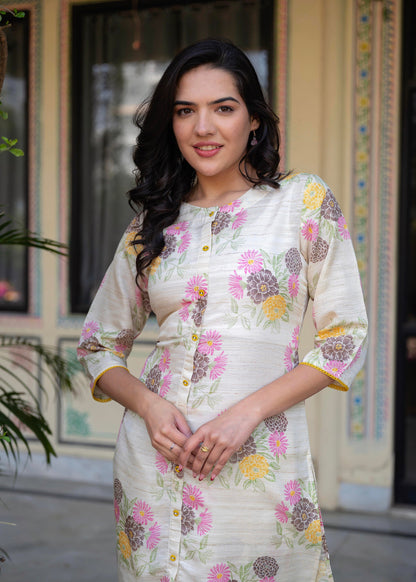 Juniper Ivory Floral Viscose Kurta with Printed Cotton Pant & Button Details - Distacart