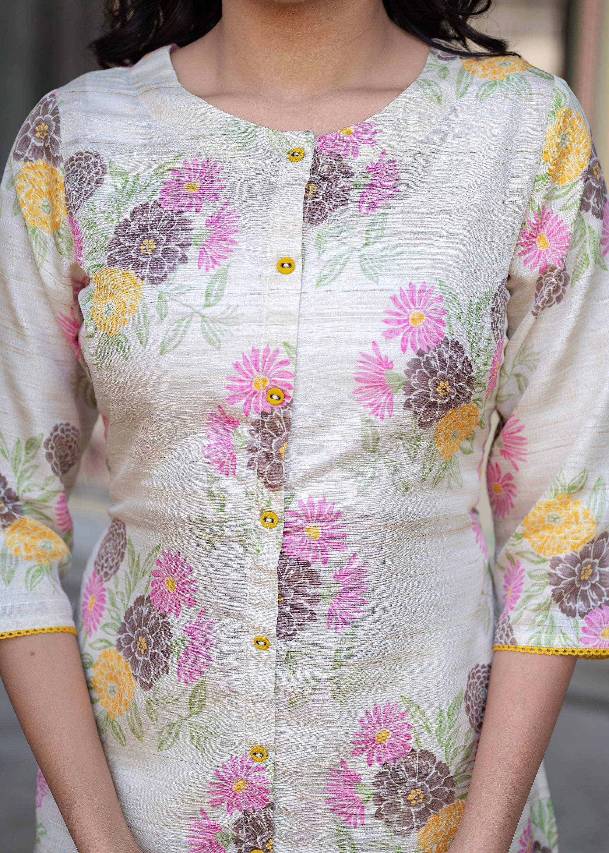 Juniper Ivory Floral Viscose Kurta with Printed Cotton Pant & Button Details - Distacart
