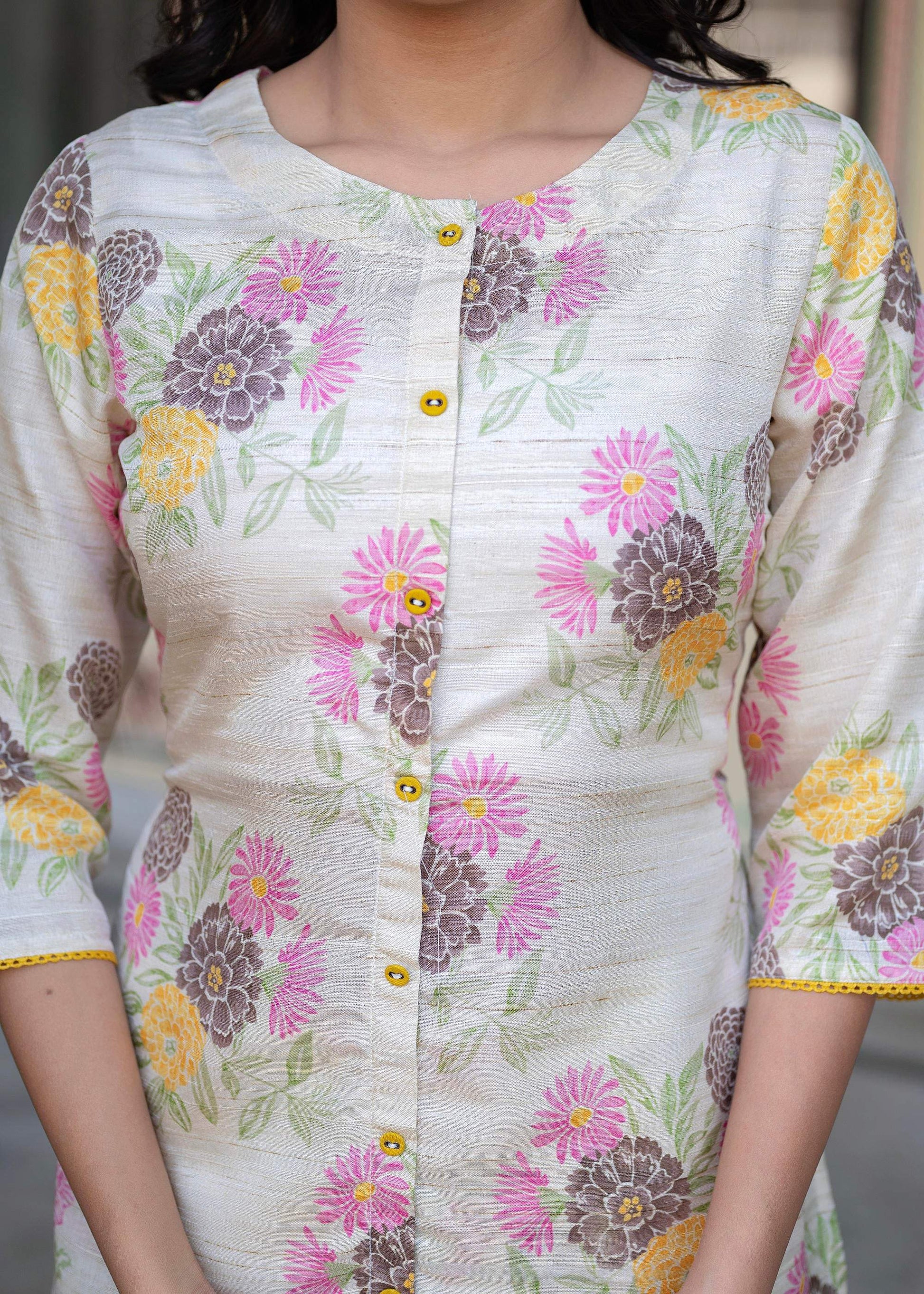Juniper Ivory Floral Viscose Kurta with Printed Cotton Pant & Button Details - Distacart