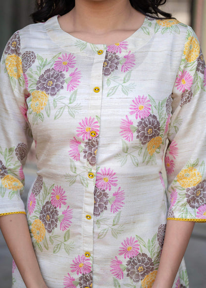 Juniper Ivory Floral Viscose Kurta with Printed Cotton Pant & Button Details - Distacart
