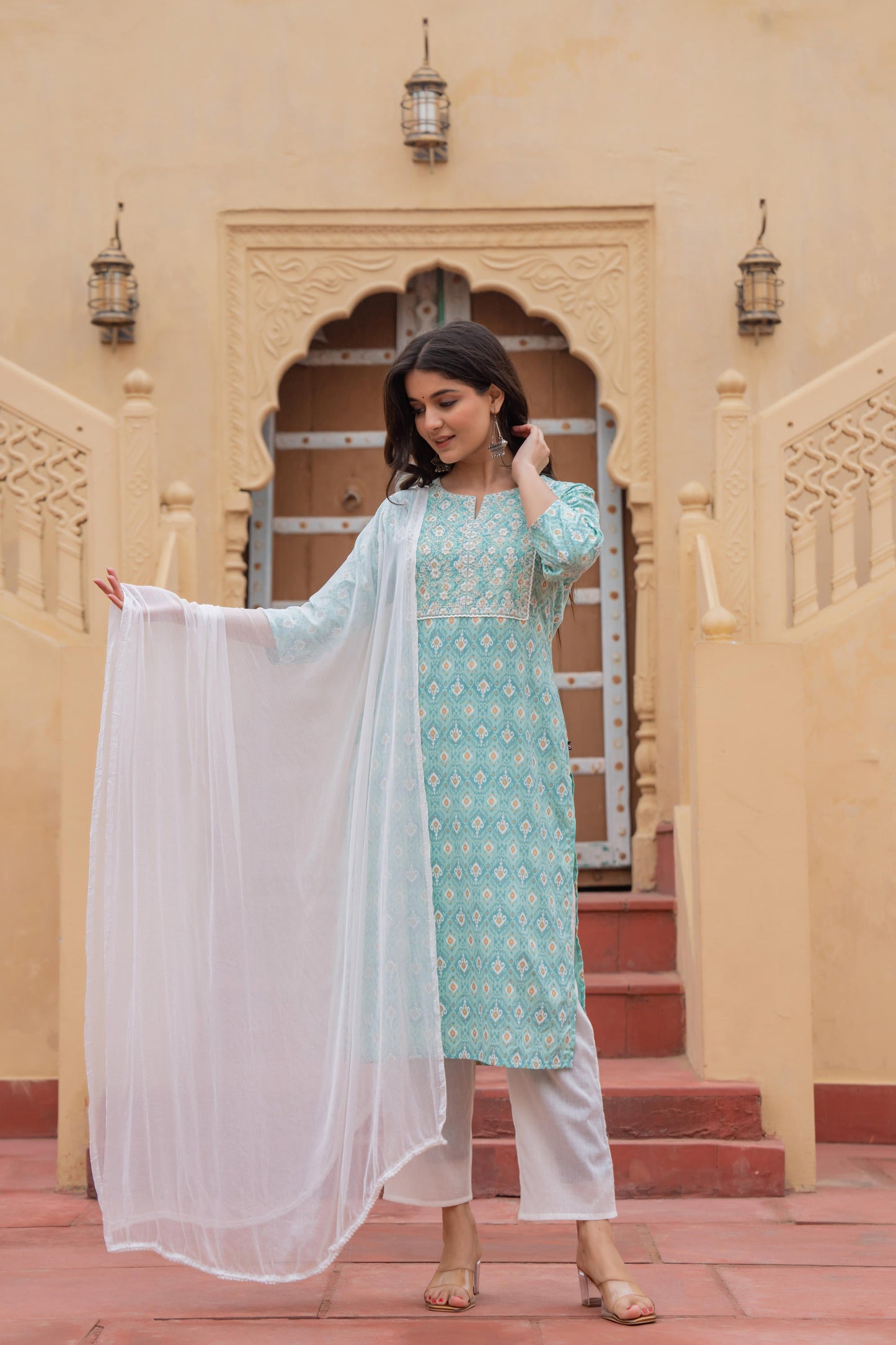 Juniper Women's Light Blue Ethnic Motif Printed Viscose Kurta Set With Sequin & Thread Work - Distacart