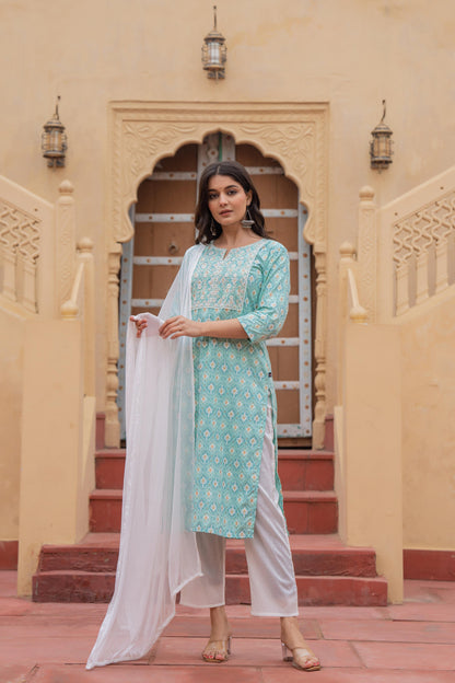 Juniper Women's Light Blue Ethnic Motif Printed Viscose Kurta Set With Sequin & Thread Work - Distacart
