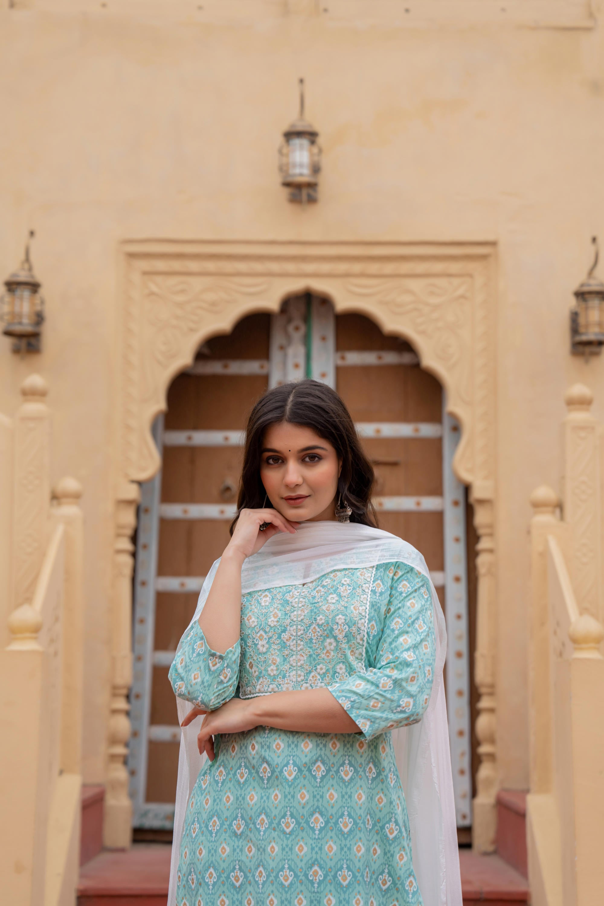 Juniper Women's Light Blue Ethnic Motif Printed Viscose Kurta Set With Sequin & Thread Work - Distacart