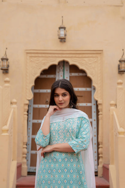 Juniper Women's Light Blue Ethnic Motif Printed Viscose Kurta Set With Sequin & Thread Work - Distacart
