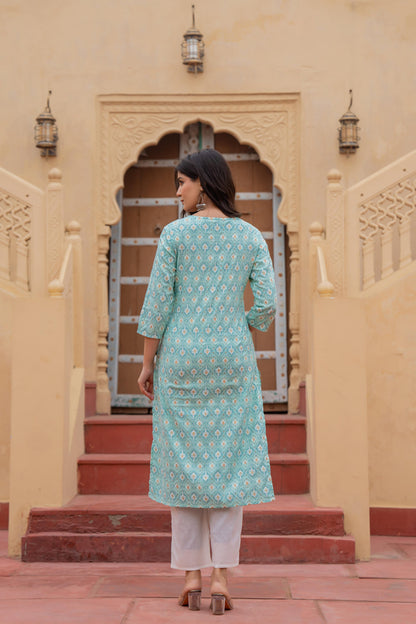 Juniper Women's Light Blue Ethnic Motif Printed Viscose Kurta Set With Sequin & Thread Work - Distacart