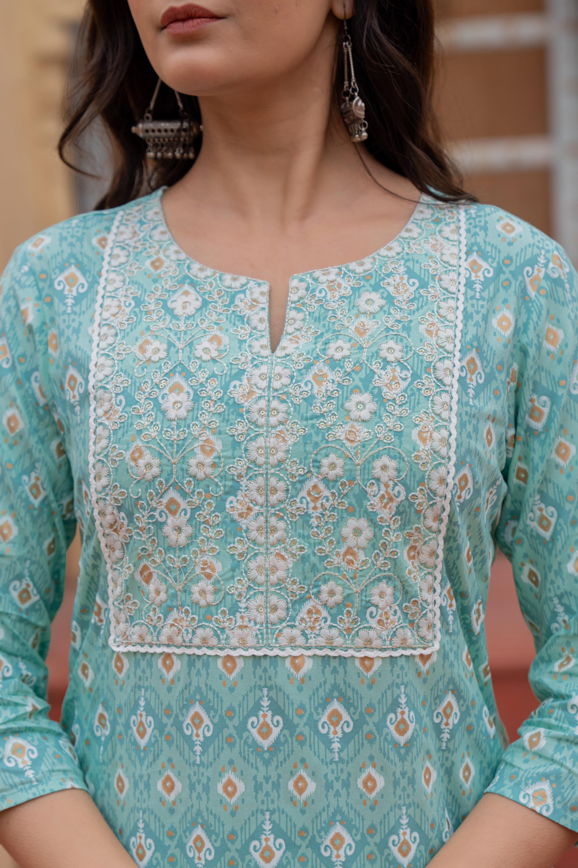 Juniper Women's Light Blue Ethnic Motif Printed Viscose Kurta Set With Sequin & Thread Work - Distacart