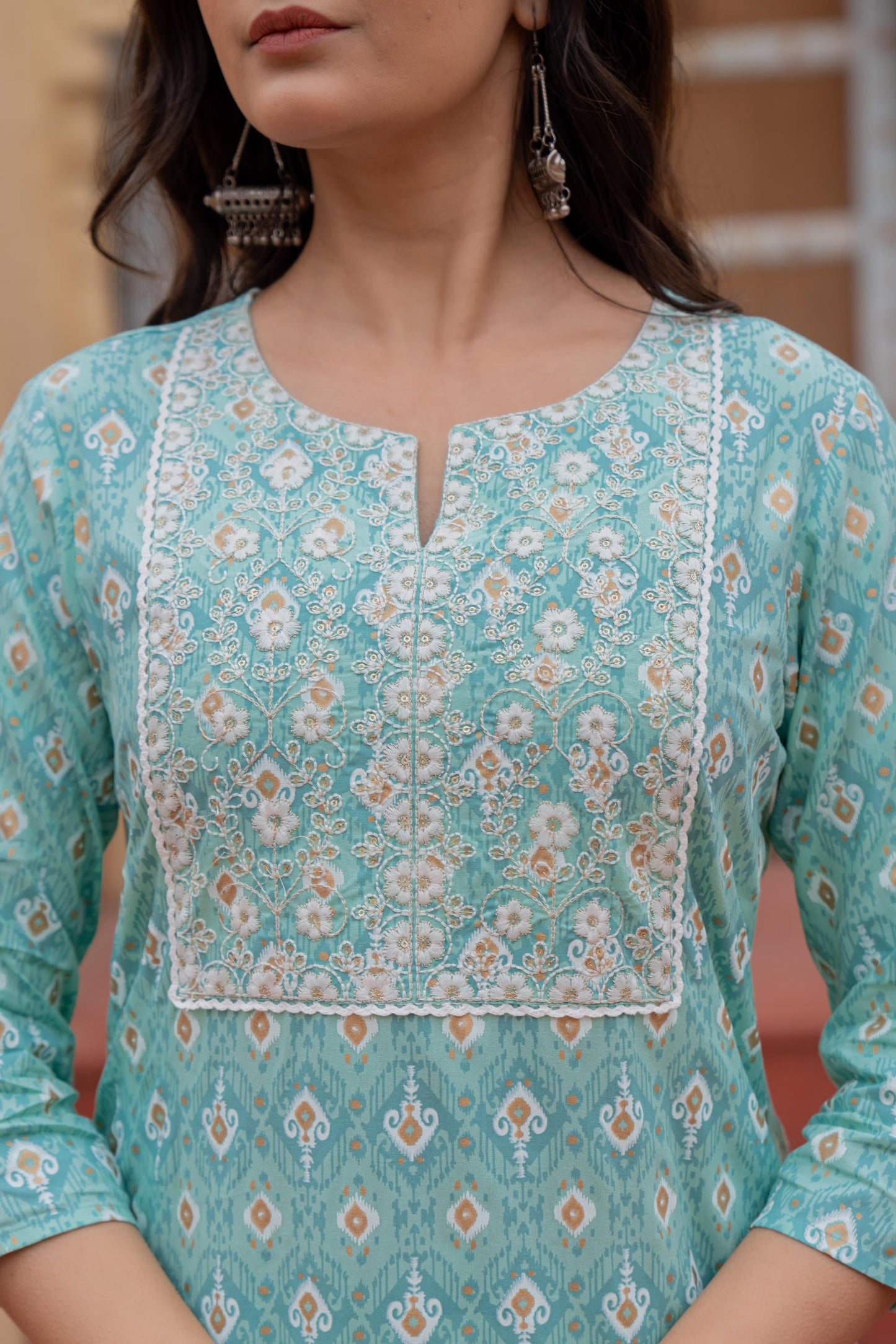 Juniper Women's Light Blue Ethnic Motif Printed Viscose Kurta Set With Sequin & Thread Work - Distacart