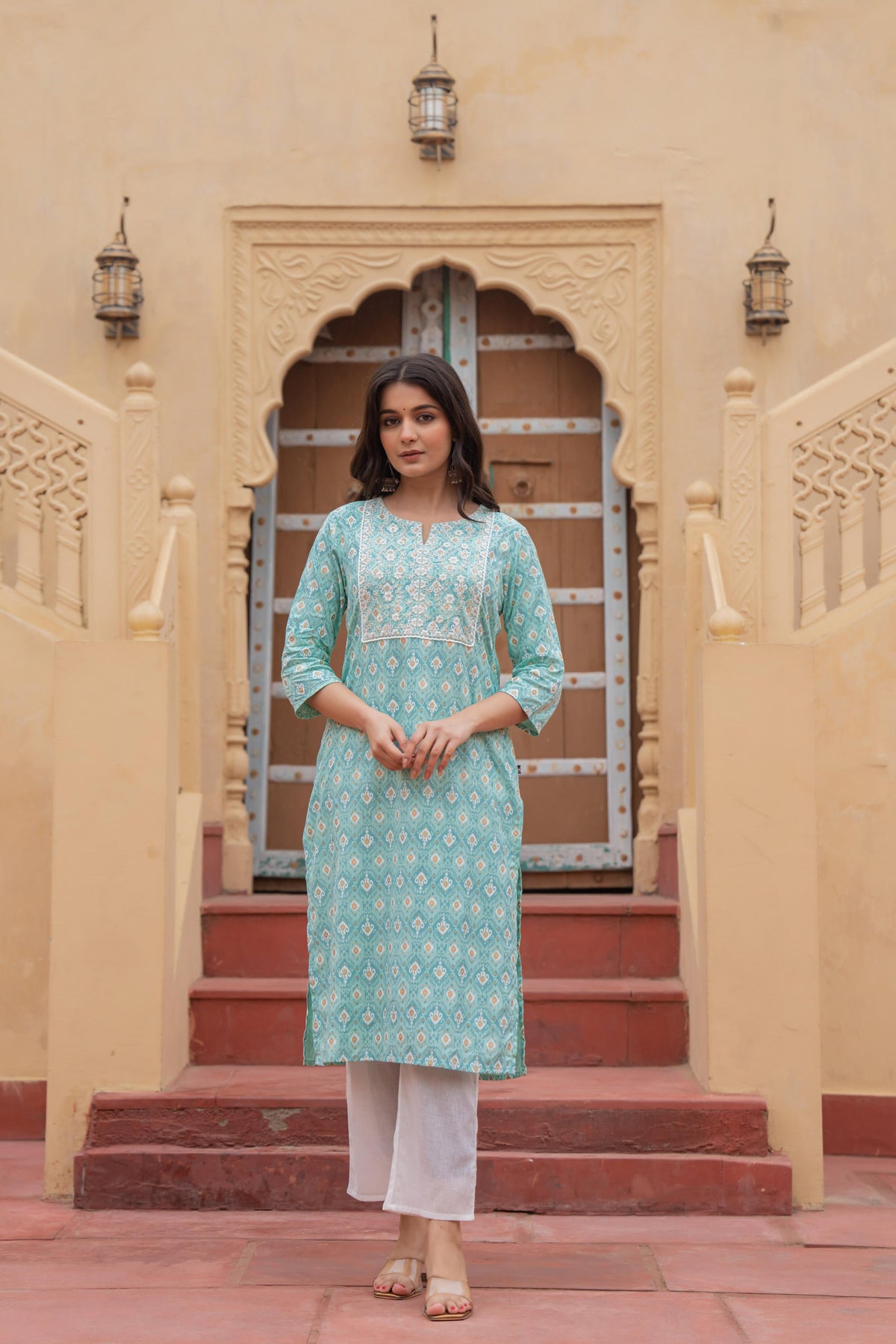 Juniper Women's Light Blue Ethnic Motif Printed Viscose Kurta Set With Sequin & Thread Work - Distacart