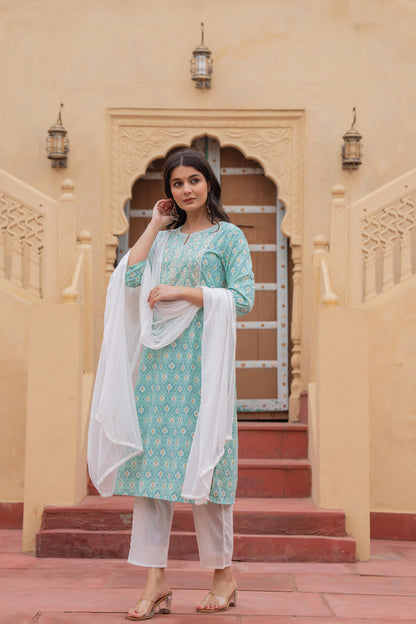 Juniper Women's Light Blue Ethnic Motif Printed Viscose Kurta Set With Sequin & Thread Work - Distacart