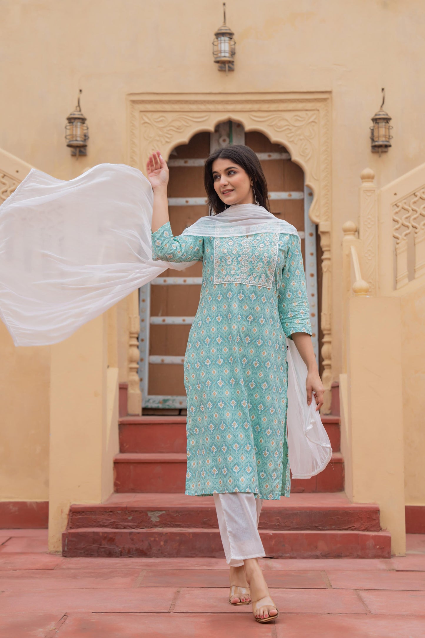 Juniper Women's Light Blue Ethnic Motif Printed Viscose Kurta Set With Sequin & Thread Work - Distacart