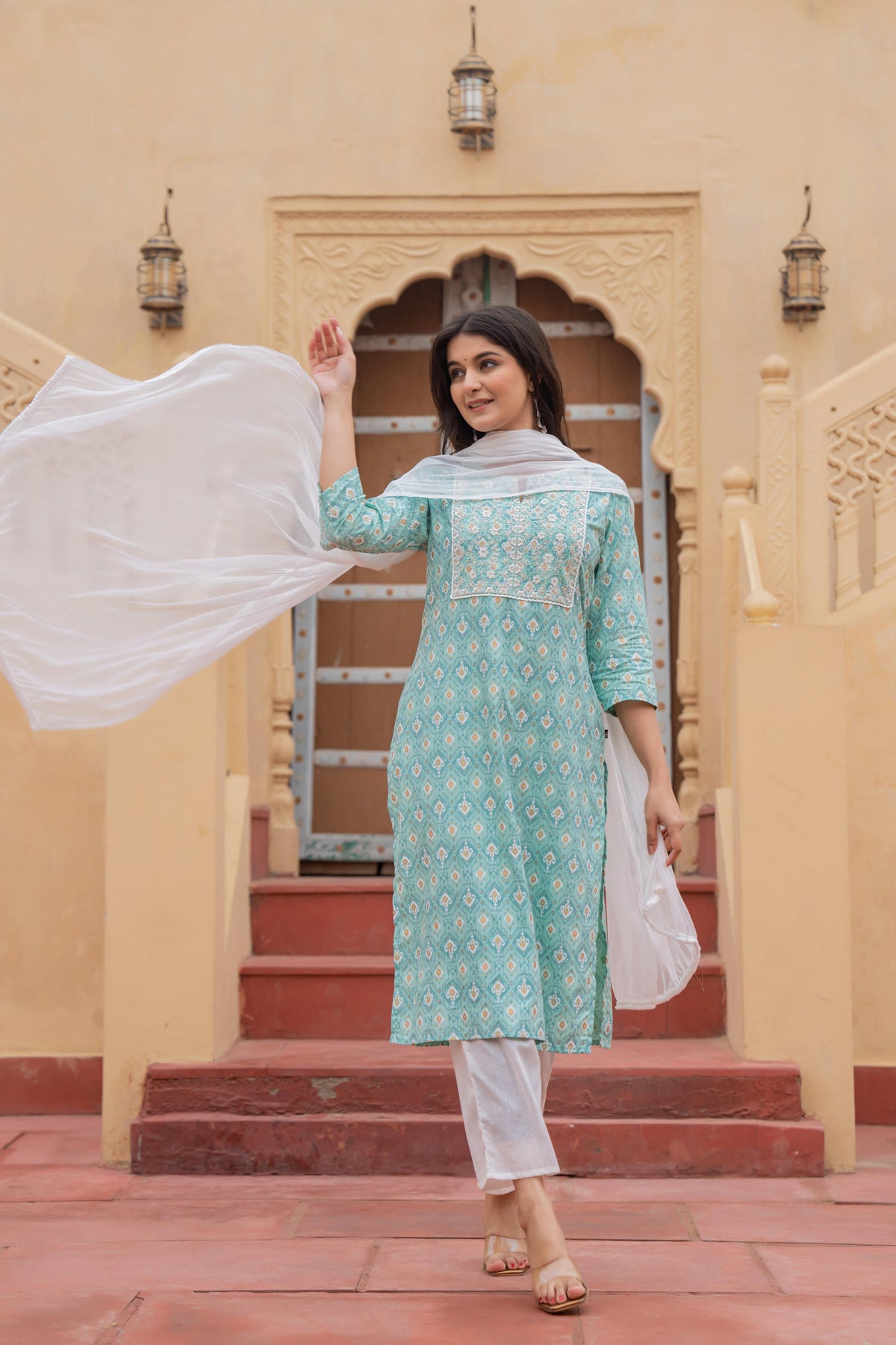 Juniper Women's Light Blue Ethnic Motif Printed Viscose Kurta Set With Sequin & Thread Work - Distacart