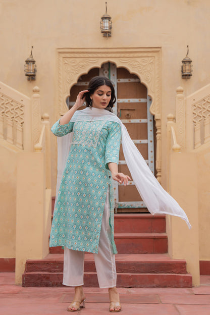Juniper Women's Light Blue Ethnic Motif Printed Viscose Kurta Set With Sequin & Thread Work - Distacart