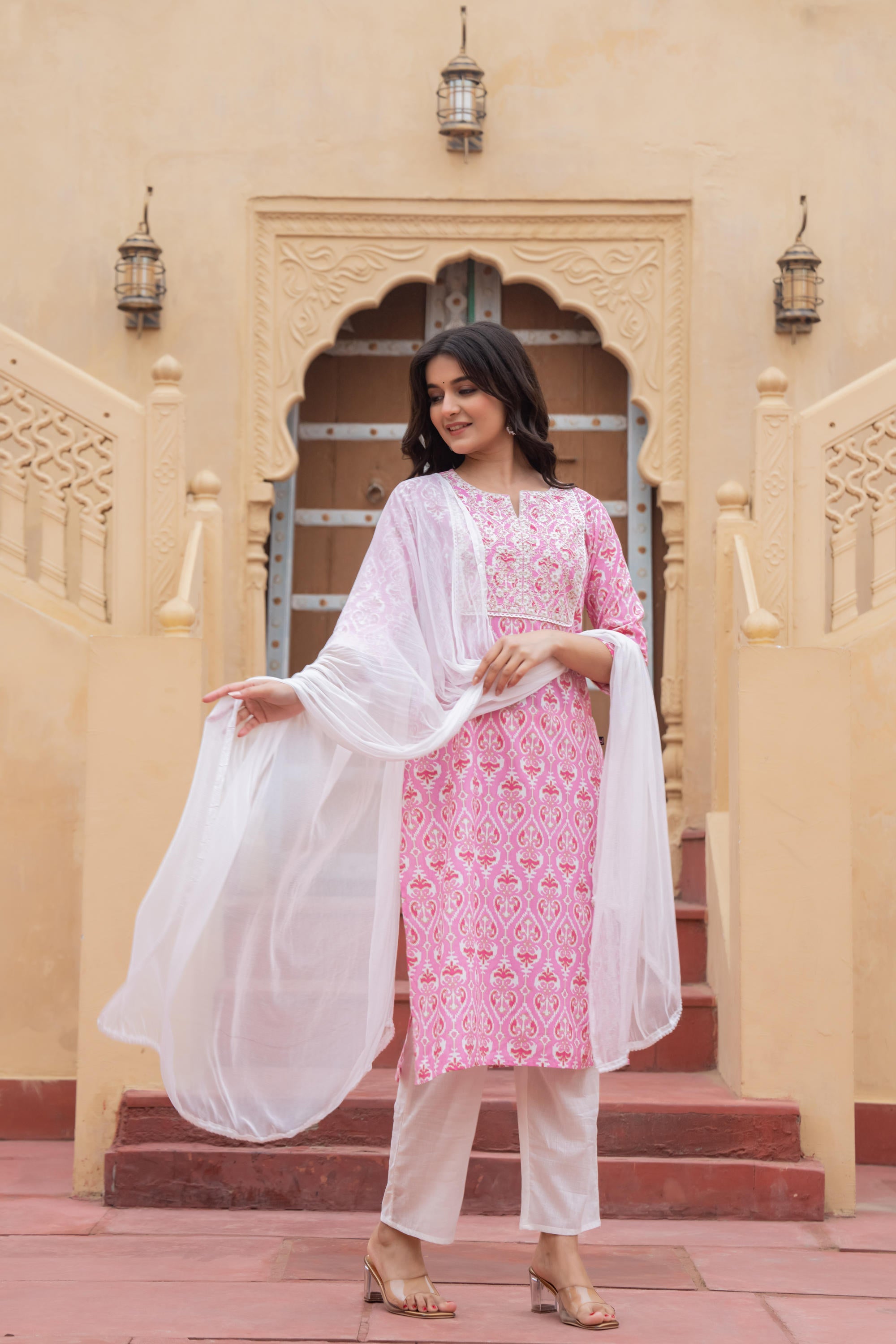 Juniper Women's Pink Ethnic Motif Printed Viscose Kurta Set With Sequin & Thread Work - Distacart