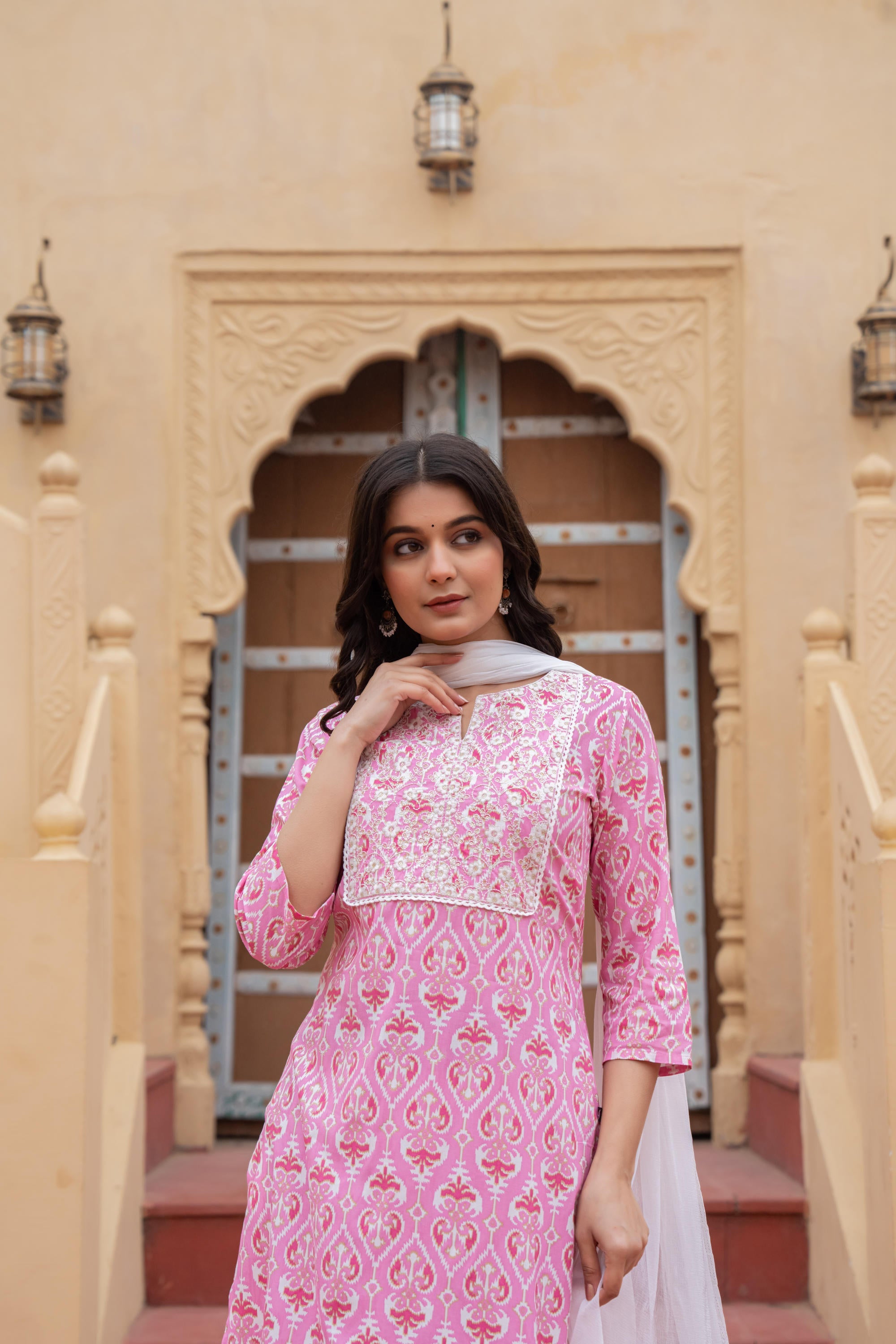 Juniper Women's Pink Ethnic Motif Printed Viscose Kurta Set With Sequin & Thread Work - Distacart