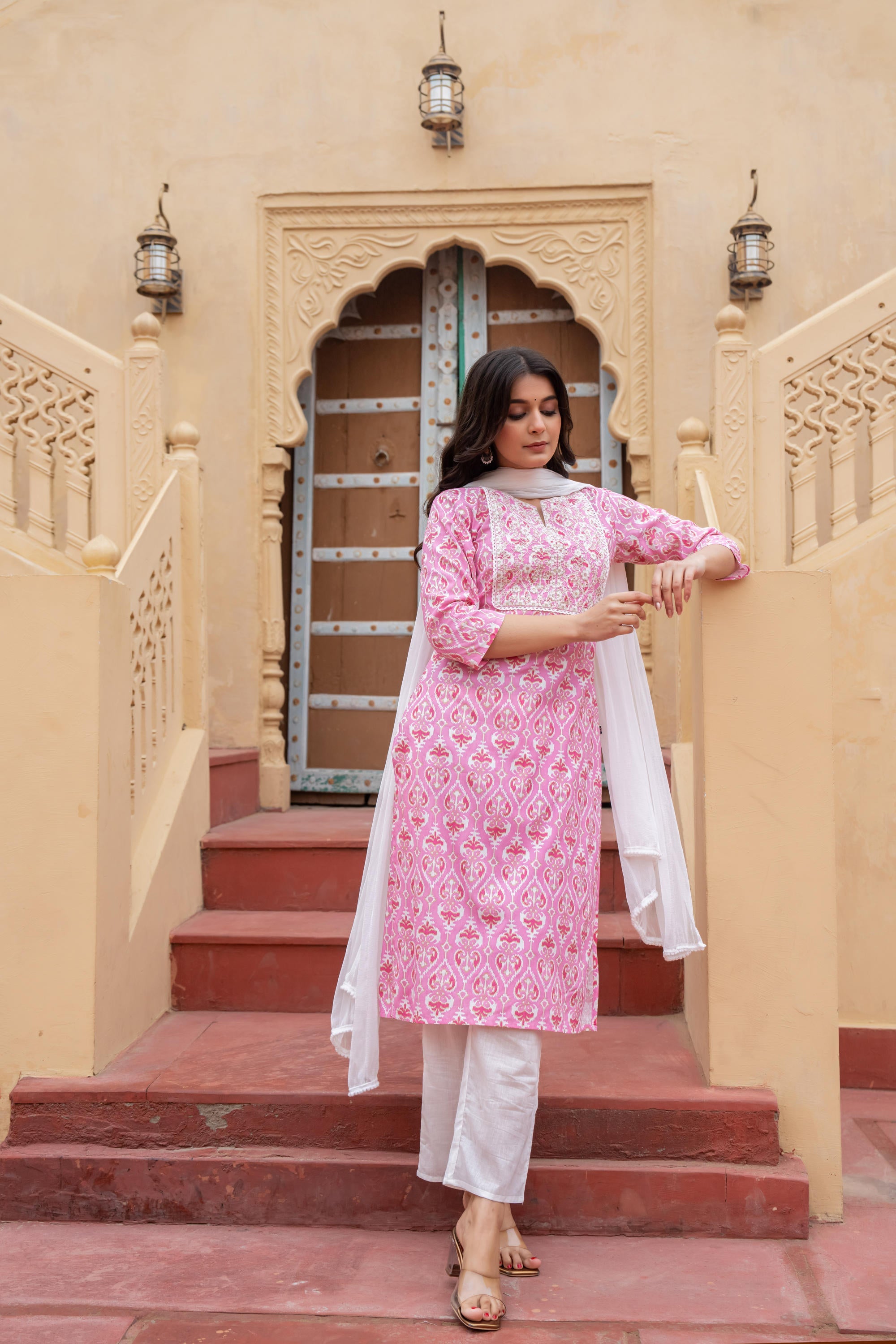Juniper Women's Pink Ethnic Motif Printed Viscose Kurta Set With Sequin & Thread Work - Distacart