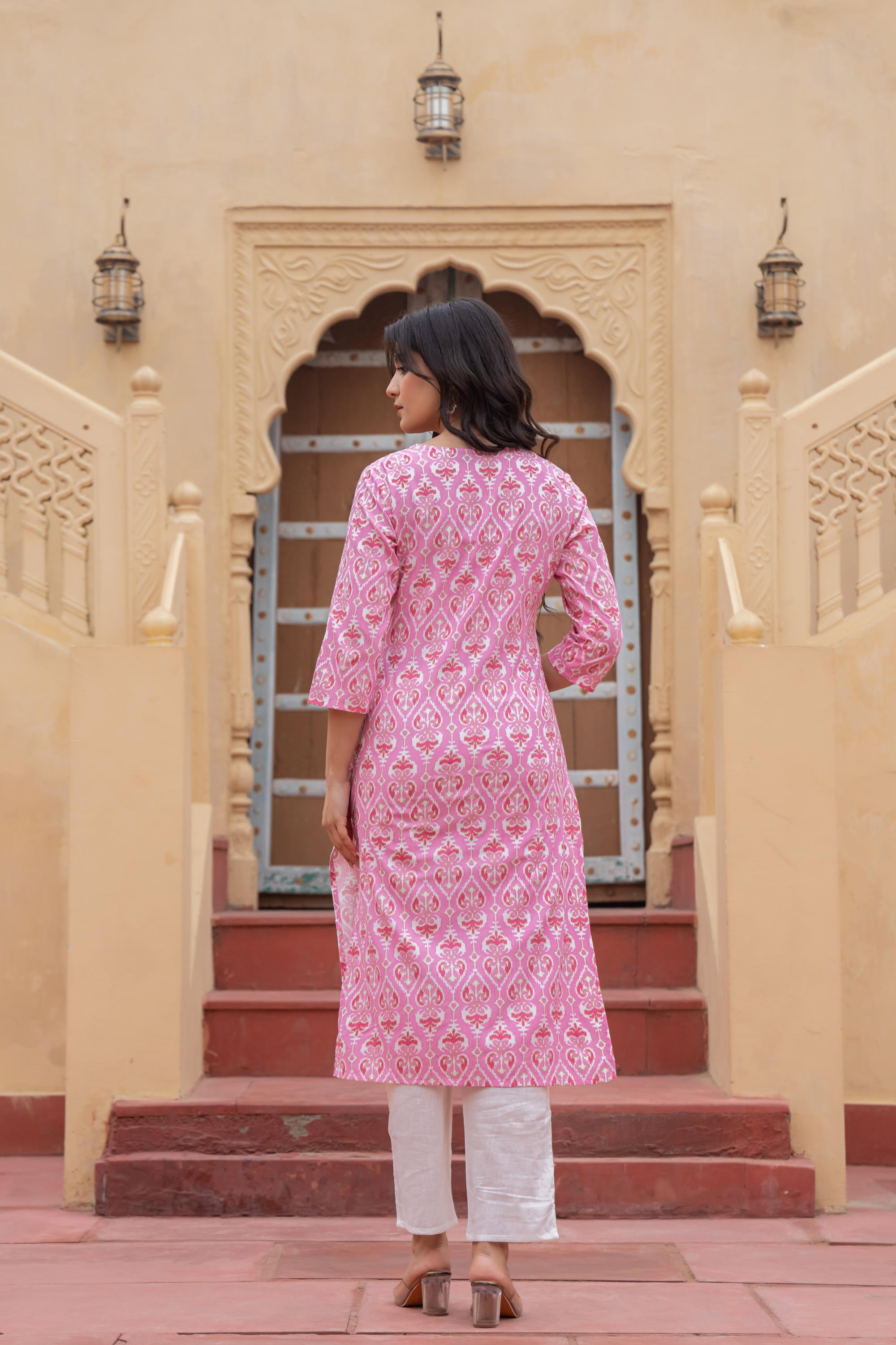 Juniper Women's Pink Ethnic Motif Printed Viscose Kurta Set With Sequin & Thread Work - Distacart