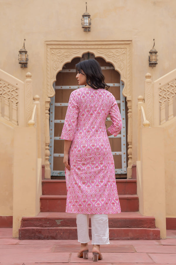Juniper Women's Pink Ethnic Motif Printed Viscose Kurta Set With Sequin & Thread Work - Distacart