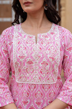 Thumbnail for Juniper Women's Pink Ethnic Motif Printed Viscose Kurta Set With Sequin & Thread Work - Distacart