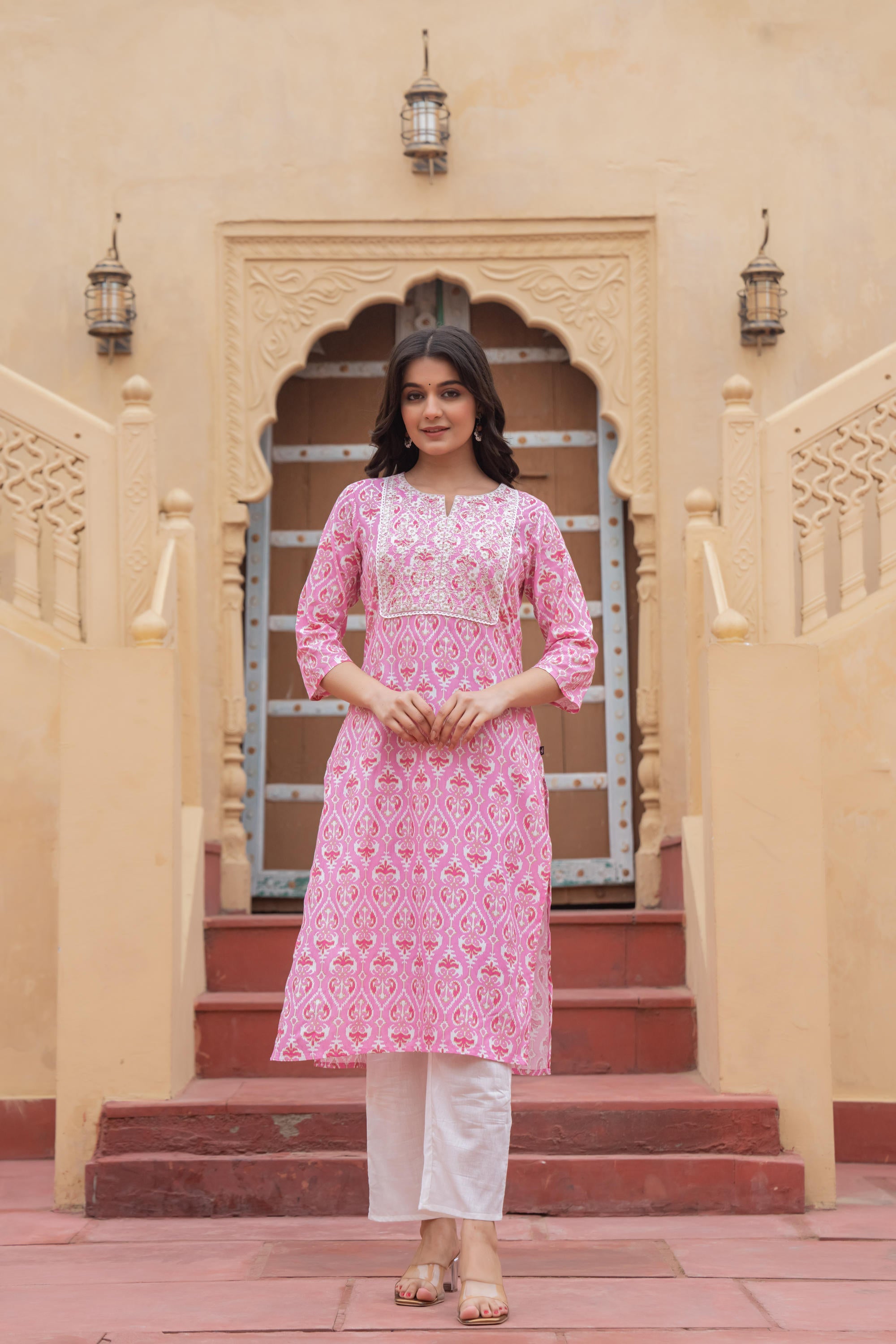 Juniper Women's Pink Ethnic Motif Printed Viscose Kurta Set With Sequin & Thread Work - Distacart