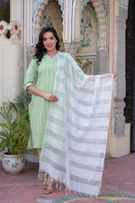 Thumbnail for Juniper Sage Green Brocade Kurta-Pant & Dupatta Set With Sequins