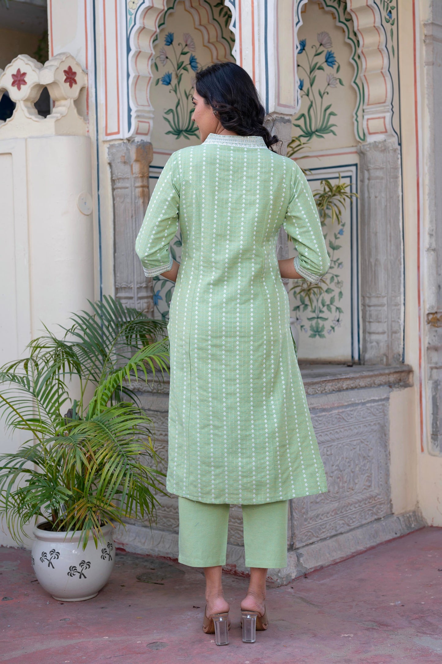 Juniper Sage Green Brocade Kurta-Pant & Dupatta Set with Sequins - Distacart