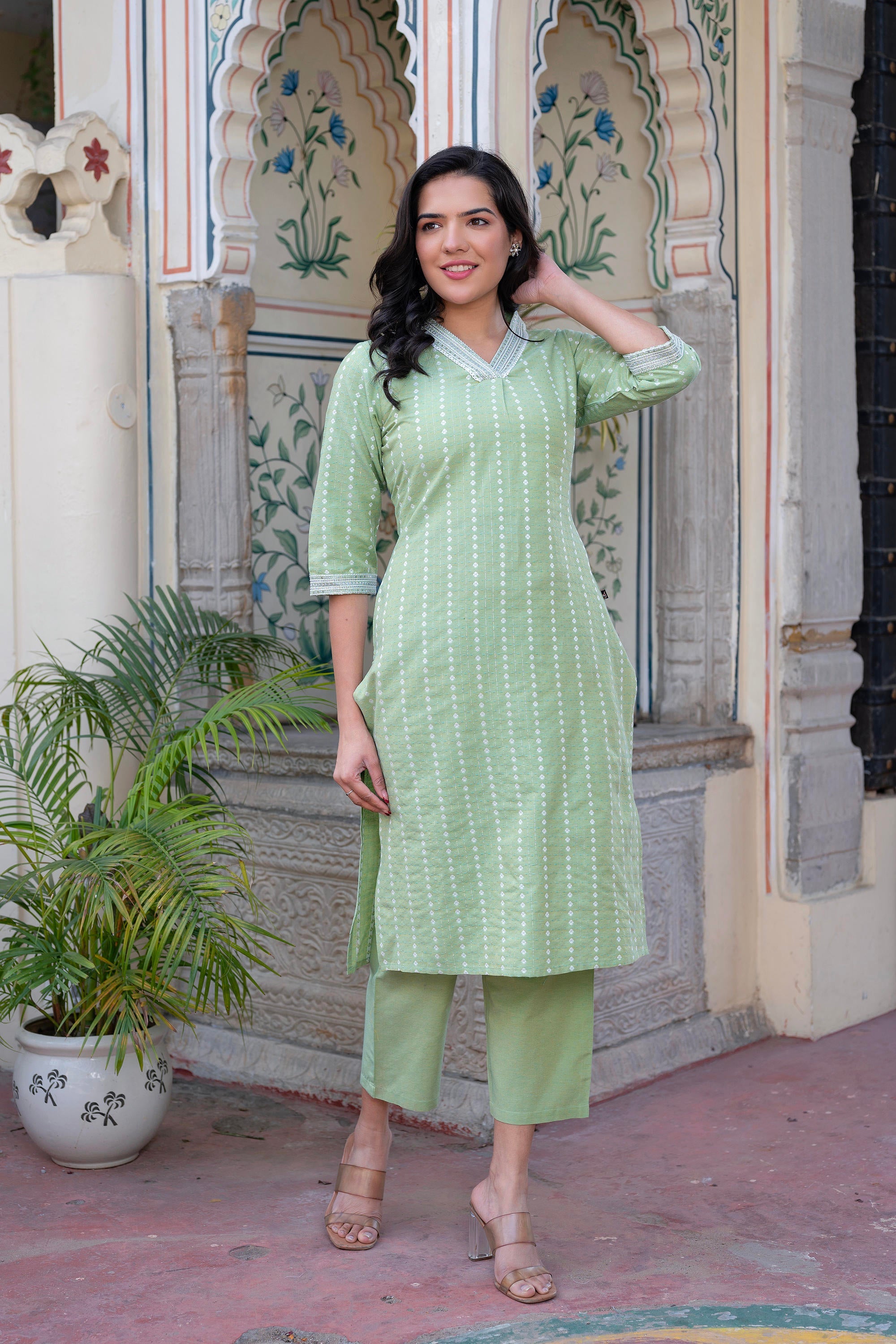 Juniper Sage Green Brocade Kurta-Pant & Dupatta Set with Sequins - Distacart