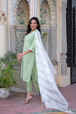 Thumbnail for Juniper Sage Green Brocade Kurta-Pant & Dupatta Set with Sequins - Distacart