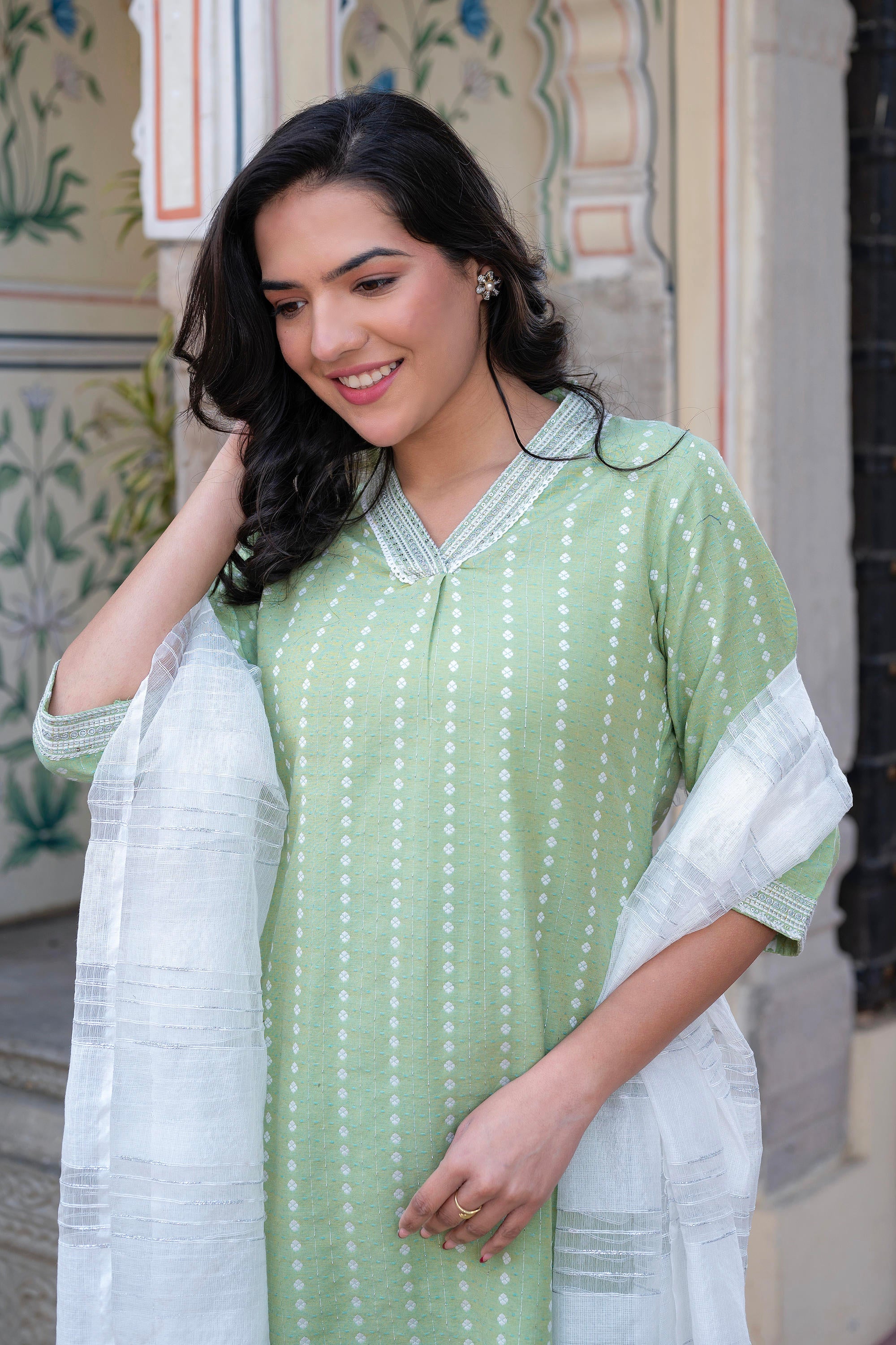 Juniper Sage Green Brocade Kurta-Pant & Dupatta Set with Sequins - Distacart