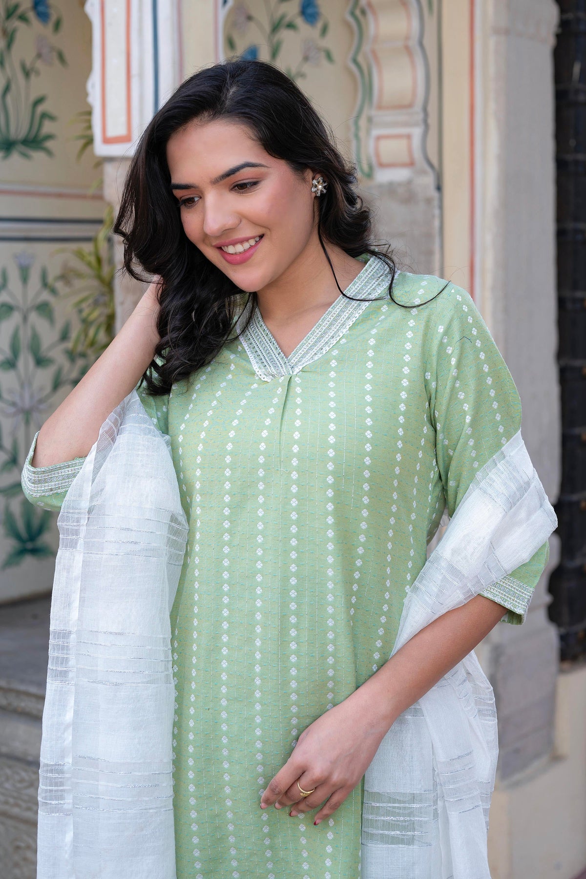 Juniper Sage Green Brocade Kurta-Pant & Dupatta Set with Sequins - Distacart