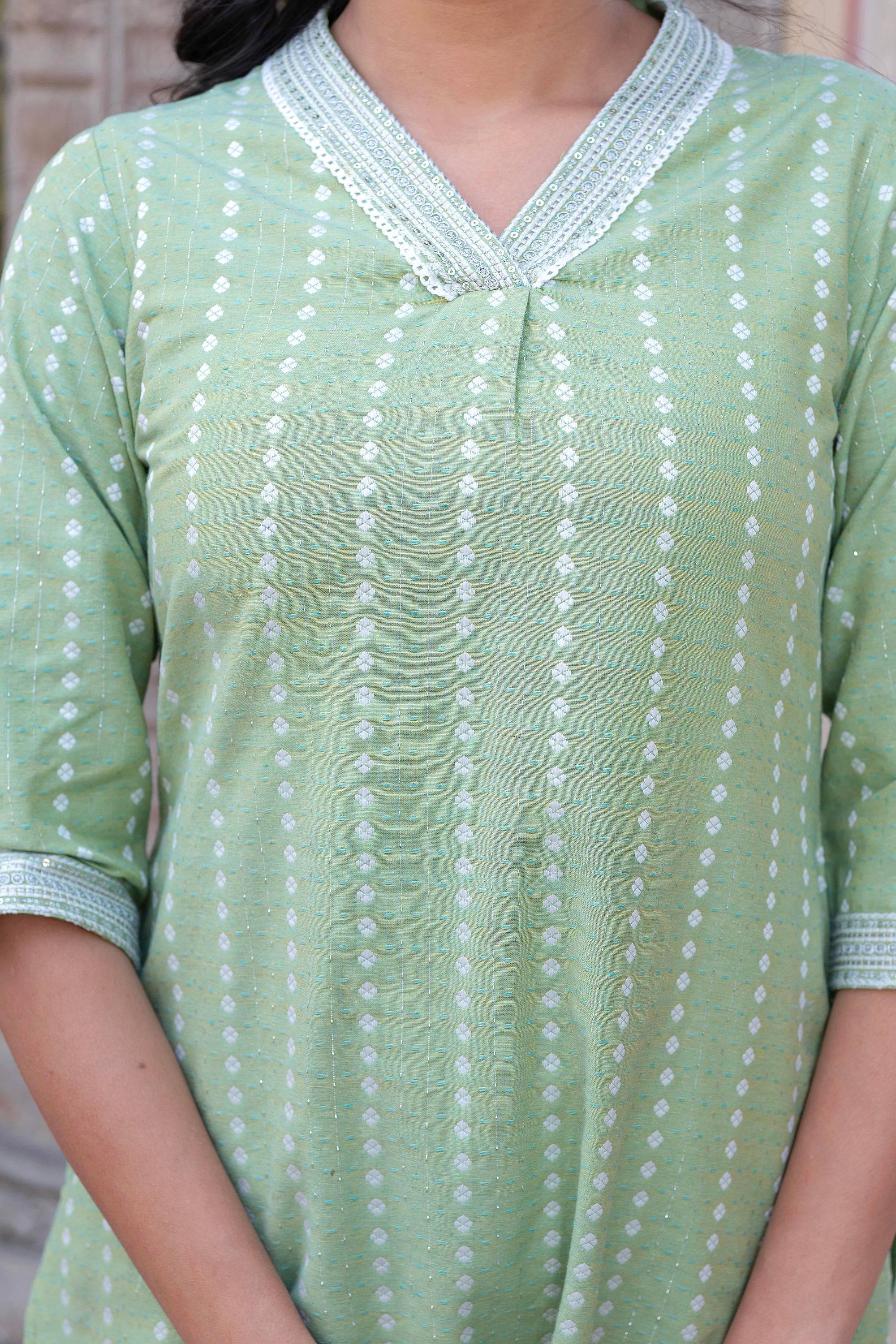 Juniper Sage Green Brocade Kurta-Pant & Dupatta Set with Sequins - Distacart