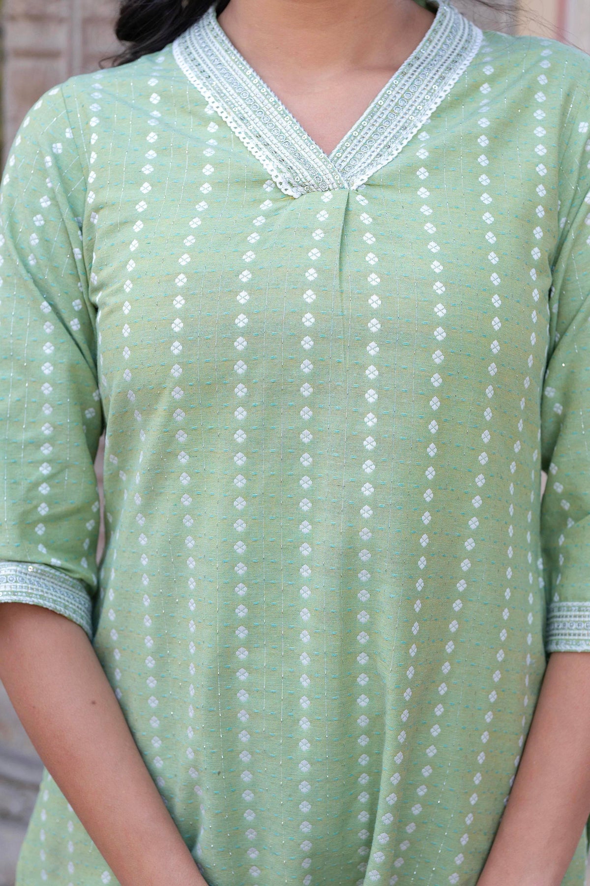 Juniper Sage Green Brocade Kurta-Pant & Dupatta Set with Sequins - Distacart